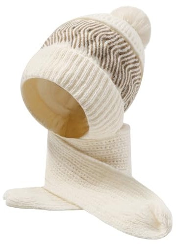 vislivin Winter Kapuzenschal Mütze Damen Strickmütze Schal 2 in 1 Warmer Set Mützenschal Integrierter Gehörschutz Winddichte Mützen Beige