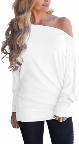Eniloyal Langarmshirt Damen Off Shoulder Oberteil Fledermaus Langarm Oversized Pullover Sexy Basic Schulterfreies Shirts Herbst