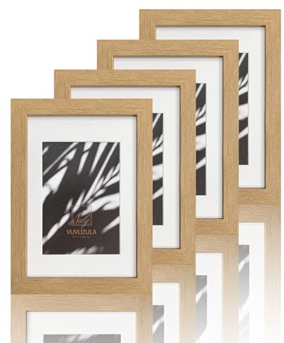 VUVUZULA Set di 4 cornici A5 in legno di quercia, con passepartout per foto A6, A5, certificati, con vero vetro