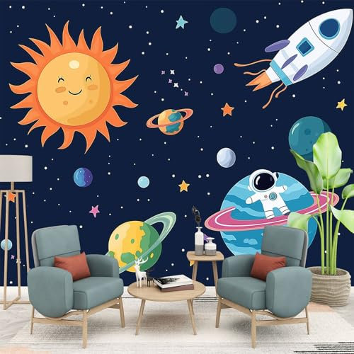 Space Moon Planet Spaceship Photo Wallpaper - 150 x 105 cm Non-Woven Premium Fleece Wall Mural - Astronaut in Space Bedroom Living Room Decoration Poster