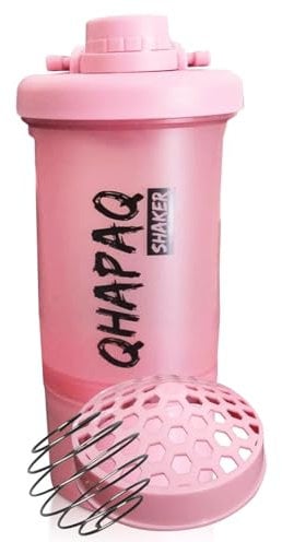 QHAPAQ Blender Bottle Protein Shaker 500ml – Vaso Coctelera shaker con bola batidora, compartimiento para polvos, sin BPA, tapa rosca, sin fugas, ideal para gym, fitness y camping. (rosa)