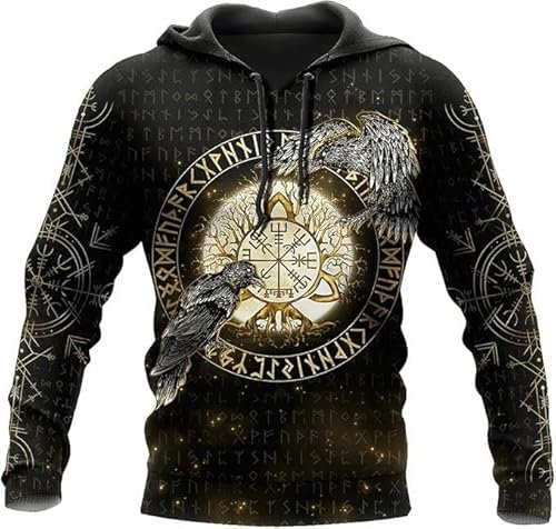 TAYGUM Wikinger-Hoodie 3D-Druck Nordische Mythologie Odin Krähe/Der Hammer Von Thor Hoodie Frühling Herbst Pullover Für Herren Und Damen Party Cosplay Kostüm(Krähe Hoodie,2XL)