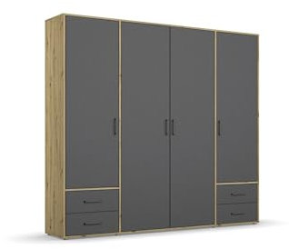 möbelando Drehtürenschrank >Voyager< 4 Schübe, 5 Böden, grau/Eiche Artisan Dekor - 187x194x53 (BxHxT)