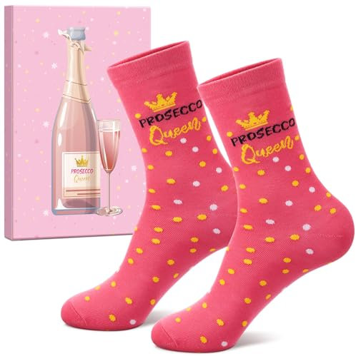 Geyoga Cadeau Prosecco pour Femmes 1 Paire Chaussettes Prosecco Queen Chaussettes Drôles pour Dames Anniversaire Noël Cadeau Secret de Père Noël, EU 36-42(Rouge Rose)