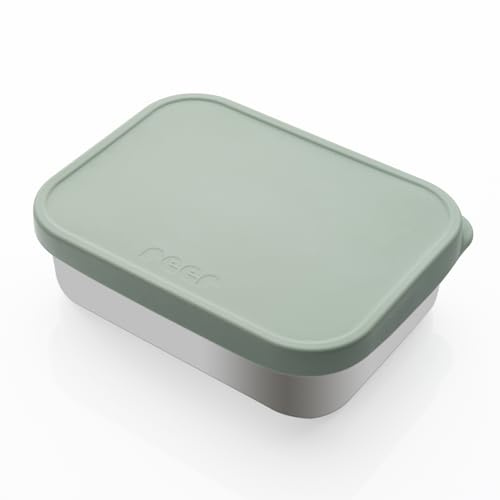 reer Silikon Edelstahl Brotdose | 700ml | mit Deckel und Trennbehälter | spülmaschinengeeignet, robust und langlebig | ideal für Schule, Kindergarten & Picknick | grün/silber