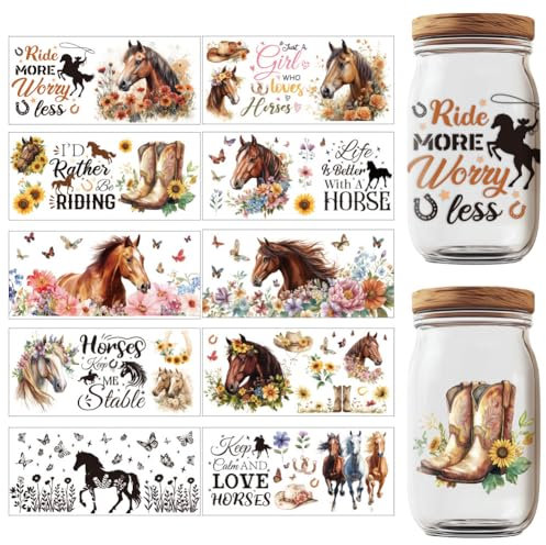 GOMAKERER UV DTF Cup Wrap,10 Blatt Transferaufkleber Wasserfestes Zum Aufreiben Mit Pferde Schmetterlings Blumenmotiven Tassenfolien Abziehbilddruck UV Transferpapier Für Gläser Tassen Möbel