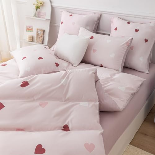 YASMENG Housse de Couette 140x200 Filles Cœur Rouge Rose Blanc Enfants Parure de Lit Doux Microfibre Cœur Linge de Lit 1 Personne Adulte Cadeau avec Fermeture Éclair avec Taie d'oreiller 65x65 cm