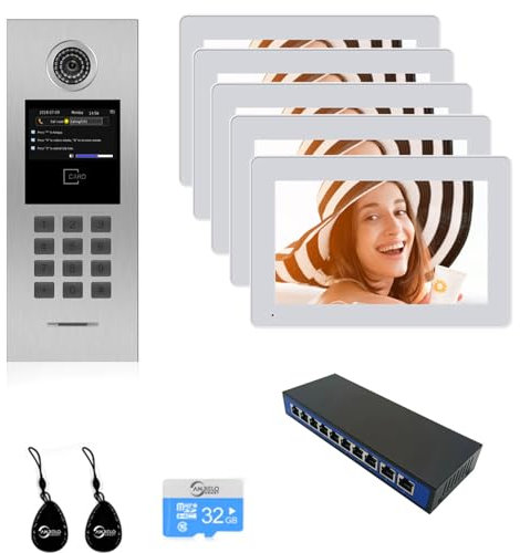 Tuya Smart Video Intercom System 6 Einheit 7 Zoll IP Video Sprechanlage für Mehrfamilienhaus Sicherheit Home Access Control System mit Digital Keypad und IC-Karte (1 Türklingel + 5 Monitor)