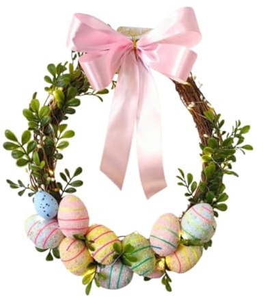 Nishiyuenyi Osterkranz Dekorativer Künstlicher Blumenkranz mit LED Licht Und Rattan für die Tür Hängende Osterei Girlande für Fenster Home Office Party, mit Bogen