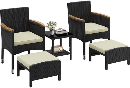 Yaheetech 5er Set Rattan Gartenmöbel Balkonmöbel Terassenmöbel Außen Kleiner Balkon mit 2 Einzelsofas & 2 Fußhocker & 1 Kaffeetisch, Schwarz & Beige