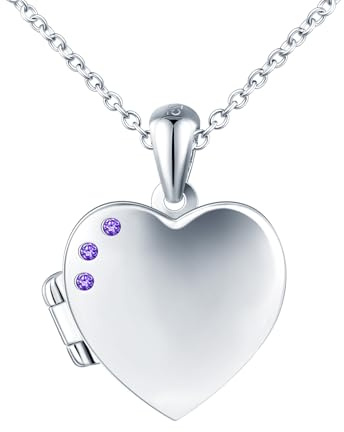 MICSAVI 925 Silber herz medaillon kette für damen mädchen kinder, Foto bilder personalisierte halskette, Herz anhänger mit 3 zirkonia, Silberkette 45+5cm