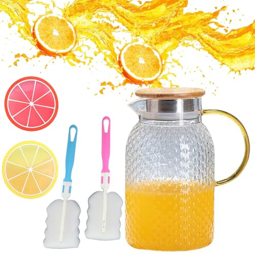 Fycooler Brocca d'acqua in vetro con coperchio, caraffa in vetro borosilicato da 1,8 l, per acqua calda/fredda, succhi di tè freddo, pimms e picnic, con 2 sottobicchieri in silicone e 2 pennelli
