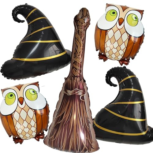 TiAaihion Halloween-Party-Ballon-Set – 5 Stück, großer Hexenhut, fliegender Besen, Eule, Mylar-Folienballons, Zauberer-Geburtstagsdekorationsset für Kinder, Erwachsene, gruselige Feiern