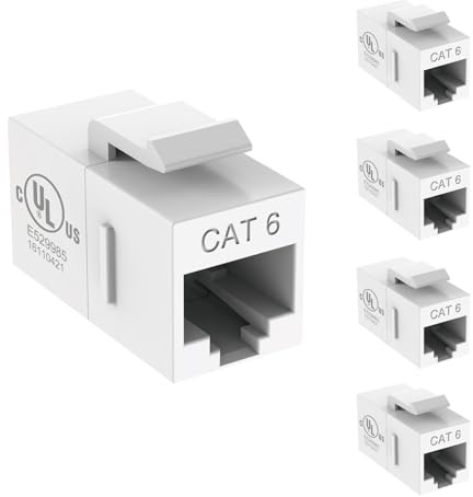 Tecmojo Lot de 5 coupleurs Keystone Cat6 répertoriés UL, prise Ethernet RJ45 1000 Mbps, femelle vers femelle, design fin pour panneaux de brassage et plaques murales, blanc