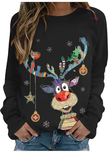 Weihnachtspullover Damen Lustige Weihnachten Ugly Christmas Sweatshirt Große Größen Baumwolle Pulli Rundhals Hirschkopf Herbst Winter Sweater Weihnachtskostüm Weihnachts Pullover Weihnachtspulli