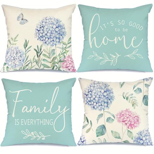 Kissenbezug 40x40 4er Set Leinen mit dezentem Blumenmuster für Sofa | Atmungsaktives Leinengewebe, frische Raumgestaltung und liebevolles Geschenk