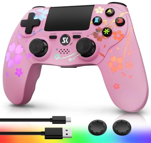CHENGDAO LED Controller für PS4/Pro/Slim,6-Achsen/Doppelte Vibration | mit einstellbarer RGB/3,5-mm-Audio-Buchse/empfindlichem Touchpad (Sakura-Rosa)