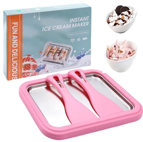 Rolled Ice Cream Maker Kit, DIY Ice Cream Roll Tray with 2 Scrapers,Stainless Steel Freezing Plate for Rolled Ice Cream,Homemade DIY for Fun Activities-Pink