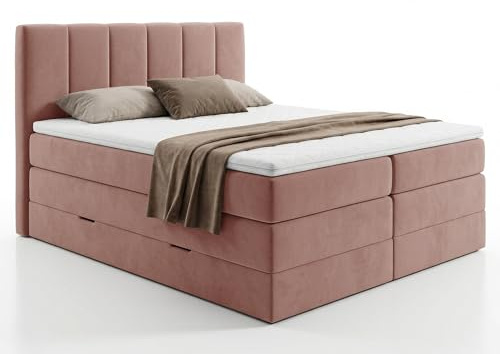 Sofnet Boxspringbett Star XL mit 2 Bettkästen und Topper, mit Taschenfederkern- und Bonellfederkernmatratze, Doppelbett, Polsterbett aus Veloursstoff mit Stauraum (Pink (Kronos 29), 180 x 200 cm)