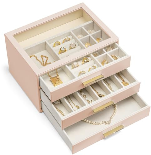 VLANDO Schmuckkästchen Groß,Schmuckaufbewahrung mit 3 Ebenen,PU leader | Schmuck Organizer für Halsketten, Ohrringe, Uhren, Armbänder,Wohndekoration, Geschenk für Damen,Nudepink