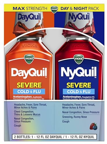 Vicks DayQuil & NyQuil SEVERE Cold & Flu Medicine, Relief for Headache, Fever, Sore Throat, Minor Aches & Pains, Nasal Congestion, Sinus Pressure, Stuffy Nose, and Cough, Co-Pack, 2 x 12 OZ