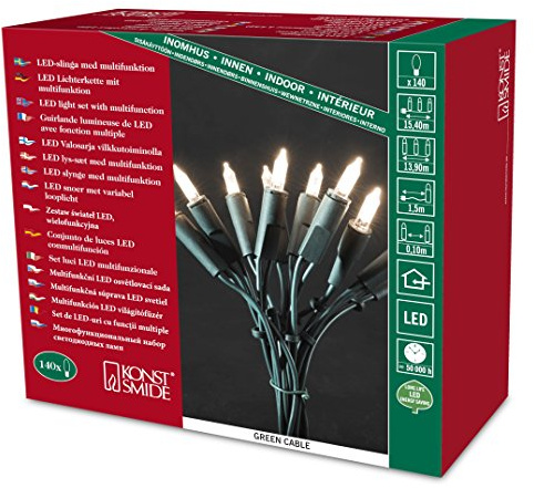 Konstsmide Next Generation 140 8 Programme Multi Function LED Traditional Style Christmas Fairy Lights Set / For Indoor Use (IP20) / 140 Warm White Diodes / Green Cable String Lights