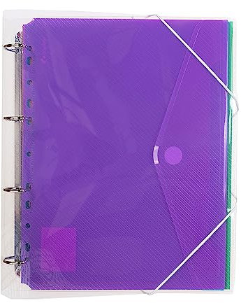 Grafoplas - Carpeta de Anillas, A4, con 6 Sobres de 11 Taladros Multicolor Cubiertas Transparente con Rayado, Cierre de Goma Elástica, 4 Argollas MIxtas de 25mm (Forma D), Muy Ligera