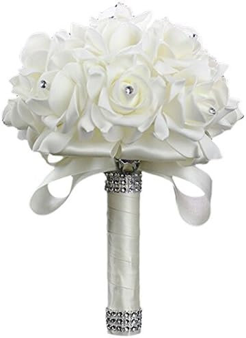 Fransande Wedding Flowers, Handmade Bridal Bridesmaid Bouquet Set in Ivory Foam Silk Roses for Wedding, Birthday/White
