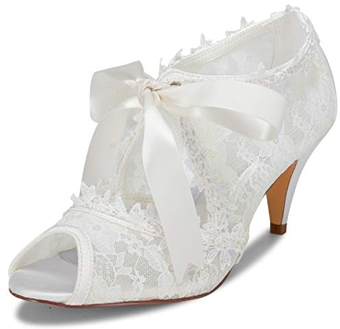 JIAJIA Damen Brautschuhe 5949419 Peep Toe Kegelabsatz Satin Pumps Band Krawatte Hochzeitsschuhe Farbe Elfenbein,Größe 42 EU (8 UK)