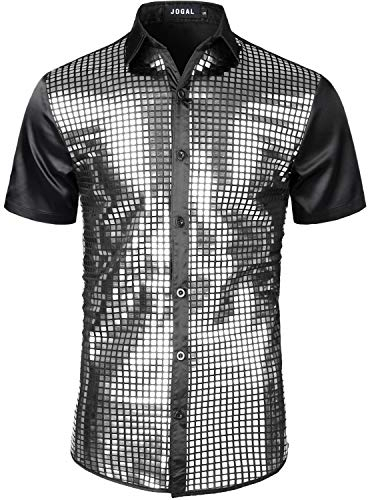 JOGAL Herren Pailletten Hemd 70er Kurzarm Disco Party Kostüm XX-Large SchwarzSilber