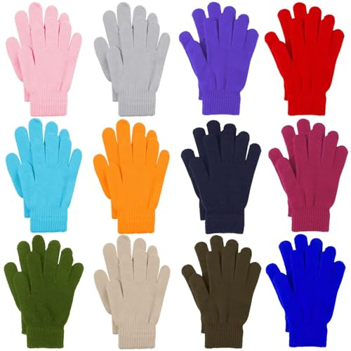 Cooraby 12 Pairs Winter Knitted Magic Gloves Stretchy Full Fingers Gloves for Men, Women or Teens (Medium, Mixed Colors B)