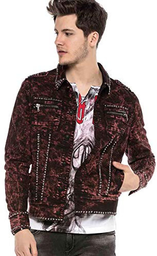 Cipo & Baxx Herren Jeansjacke CJ251 Burgund – Stylische Denim Jacke im Used-Look mit Ziernähten, Nieten & Reißverschlussdetails, Modische Übergangsjacke für Alltag, Freizeit & Party – CJ251 Burgund L