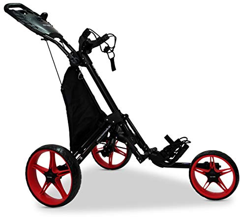 tour made RT-140 Golf Trolley klappbar I Push Golftrolley 3 Rad I Zuladung bis 25kg I Deutsche Markenqualität I viel Zubehör inklusive (Black-Red)