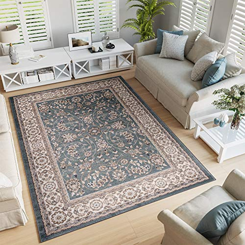 TAPISO Colorado Teppich Wohnzimmer Klassisch Kurzflor Orientalisch Hellblau Verwischt Beige Floral Ziegler Ornament Muster Orientteppich ÖKOTEX 180 x 250 cm
