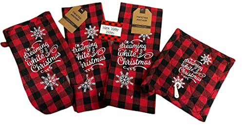 5 pc Buffalo Plaid Kitchen Towels Set w/Pot Holder, Oven Mitt, Kitchen Magnet Christmas Kitchen Towels, Decor - Comes in an Organza Bag so It's Ready for Giving! (I'm Dreaming of A White Christmas)