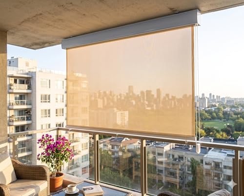 Jet-Line® Senkrechtmarkise Außenrollo Balkonrollo Vertikalmarkise mit Kassette Balkonmarkise Beschattung Sichtschutzrollo Beige 1.0 x 2.3 m 100% Polyester für Garten Terrasse