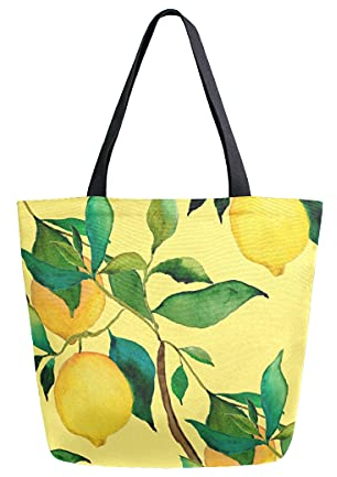 COZYhome Große Leinen-Handtasche Gelb Zitrone Obst Tote Taschen Wiederverwendbare Einkaufen Lebensmittel Tasche Schultertasche Geldbörse für Frauen Arbeit Schule