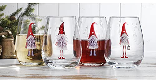 Elegant Home Set of Four (4) Holiday Festive Gnomes Christmas Stemless Wine Glass