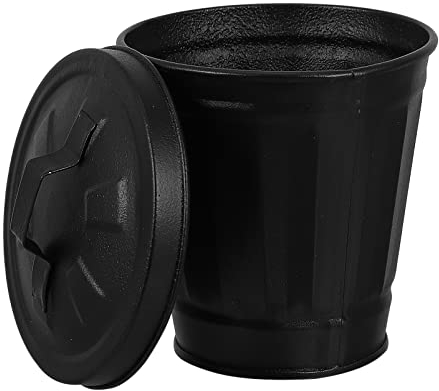 Mini Metal Trash Can with Lid: Desktop Waste Paper Bin, Tiny Garbage Bin Small Wastebasket Container for Bedrooms Bathroom Vanity Countertop Black (11X9CM)