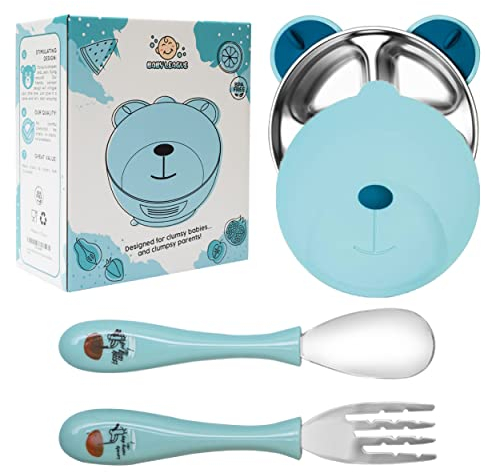 Baby League Steel Plate and Suction Bowl Set - Tableware - Divider Plate with Separations, Spoon, Fork and Lid - Stay Put, Toddler Feeding, Self Weaning, Kids Gift, Non Toxic