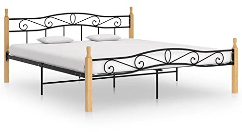 Rillbus Metallbett Bettgestell mit Lattenrost Kopfteil Fußteil, Doppelbett Schlafzimmerbett Ehebett Vintage, Metall, massives Eichenholz 180x200cm BTM859