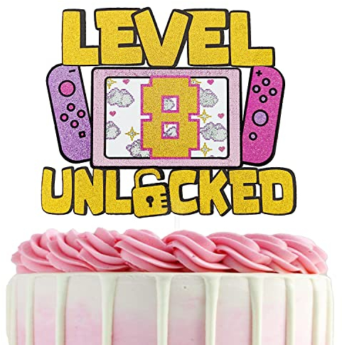 Girls Level 8 Unlocked Cake Topper, Glitter Girls Gaming 8th Birthday Cake Topper, Video Game Theme Party Decoration, Girl Gamer Birthday Favor