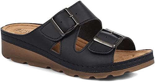Pavers Women's Adjustable Mule Sandals in Black - Comfortable Faux Leather Shoes with Suede Insole - Ladies Summer Footwear - Size UK 5 / EU 38