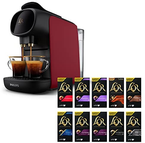L'OR BARISTA Sublime Coffee Machine Red by Philips with L'OR Espresso Variety 10X10PC Aluminium Coffee Capsules (Total 100 Capsules)