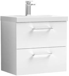 nuie ARN124A Arno Modern Bathroom Wall Hung 2 Drawer Vanity Unit with Mid-Edge Ceramic Basin, 600mm, Gloss White