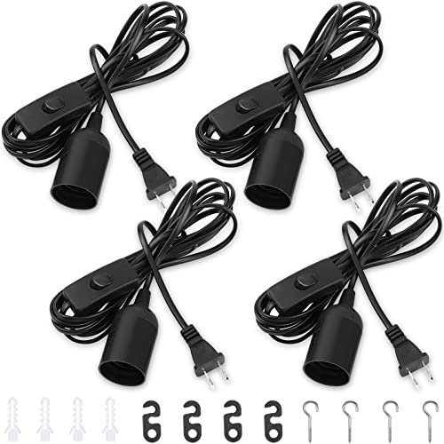12ft Extension Hanging Lantern Cord Cable Extension Light Cord Hanging Lantern Pendant Lamp Cord with Switch Plug, E26 E27 Bulb Socket and Hooks for Kitchen Bedroom Plant Growth Light (Black, 4 Pcs)…