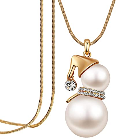 Yowablo Große Perle Schneemann Anhänger Pullover Kette Gold Silber Lange Halskette Weihnachten Lange Halskette Damen Bekleidungszubehör Ketten Halterung