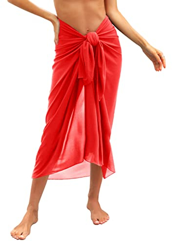 Svanco Damen Sarong Pareo Chiffon Bikini Cover Up Vertuschen Strandtuch Wickelrock Beach Wrap Für Strand Rock Swimsuit Lang Strandkleid Multifunktional Einheitsgröße(Rot)