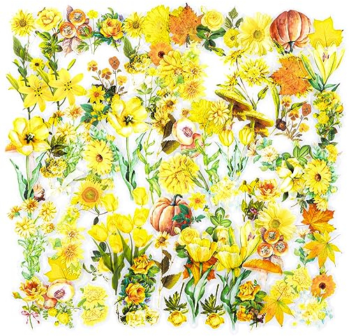 100-Stücke Gelber Blumen-Aufkleber, Vintage Blumen und Pflanzen Transparente Dekorative Aufkleber, Junk Magazin Scrapbook Aufkleber, DIY Handwerk, Fotoalben, Planer, Kalender und Notizbücher