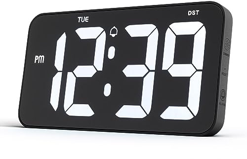 PASIVOLE Digitale Wanduhr mit 10 Großem Display, Datum, Woche, DST, 12/24H, Auto Dimmung, Alarm LED Wanduhr für Wohnzimmer, Schlafzimmer, Büro (Schwarz)